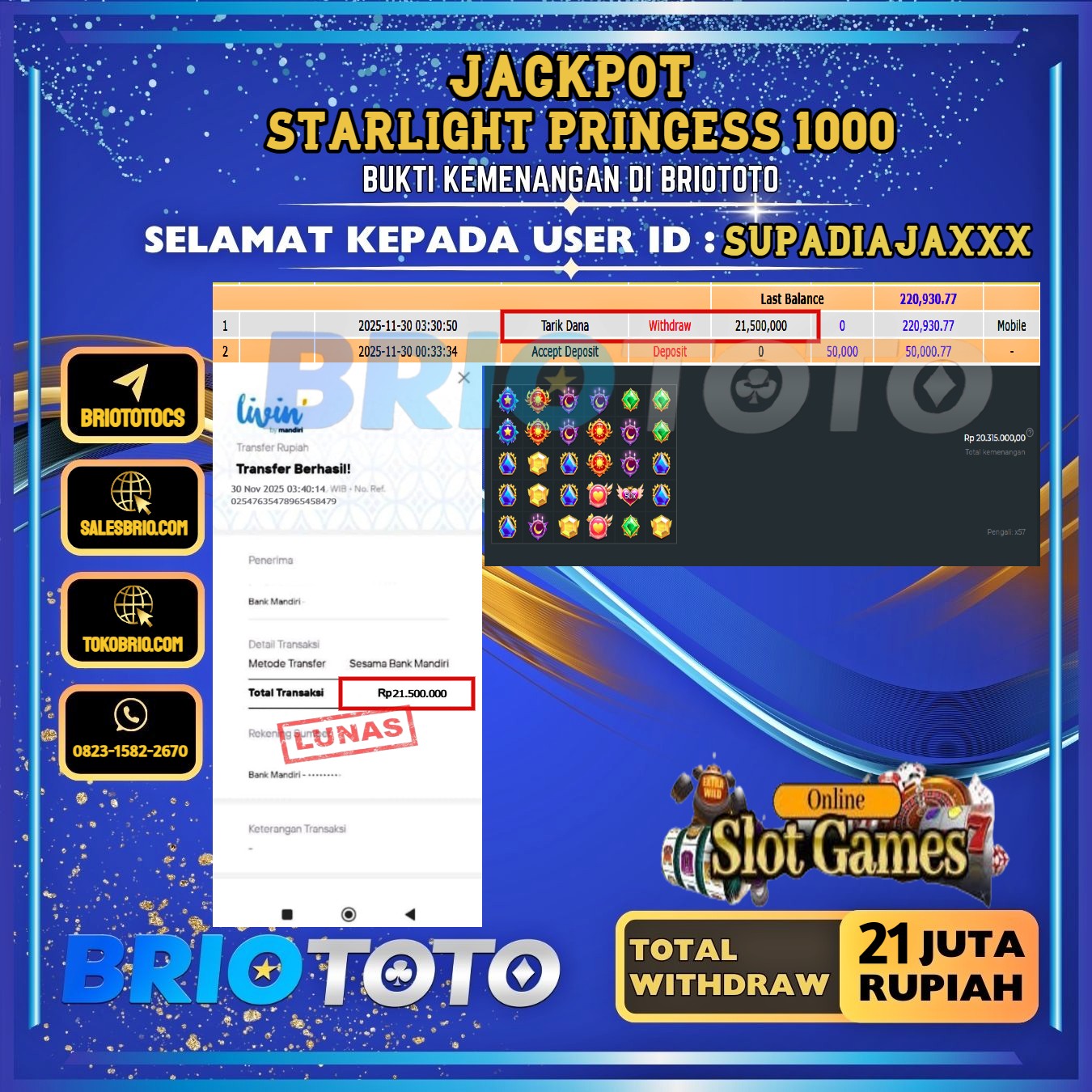 BRIOTOTO JACKPOT SLOT STARLIGHT PRINCESS 1000 RP.21.000.000,- LUNAS USER ID : SUPADIAJA***