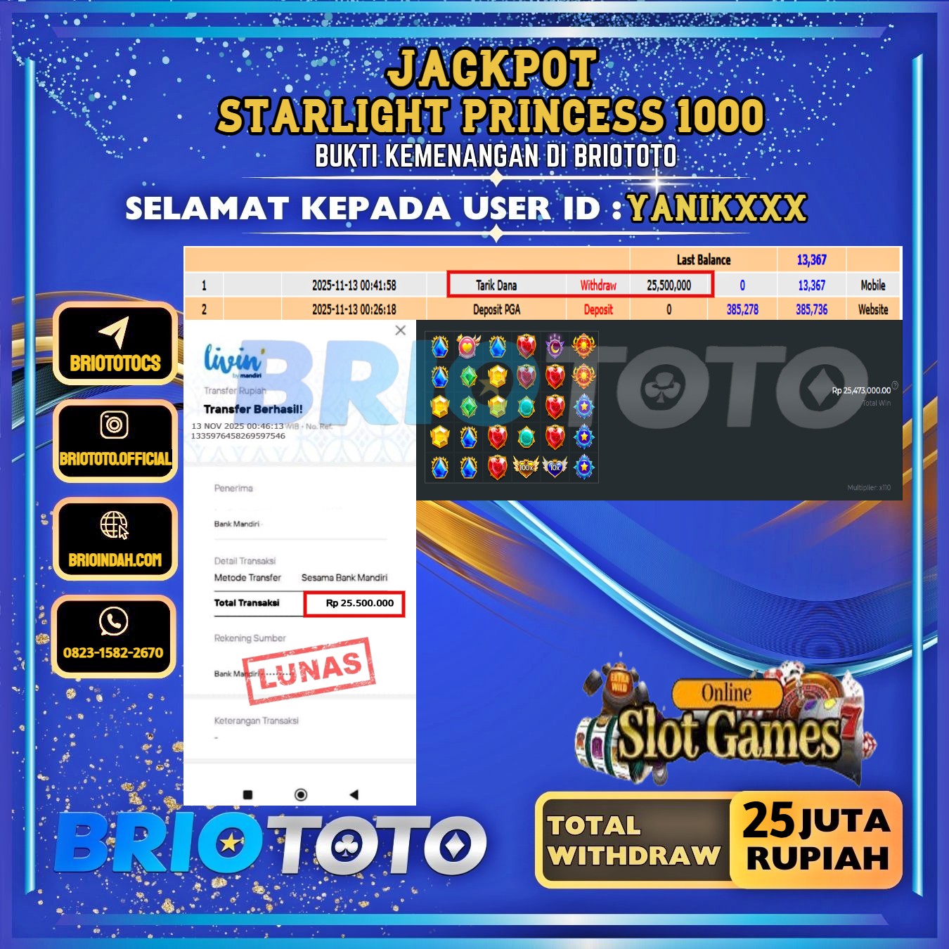 BRIOTOTO JACKPOT SLOT STARLIGHT PRINCESS 1000 RP.25.000.000,- LUNAS USER ID : YANIK***