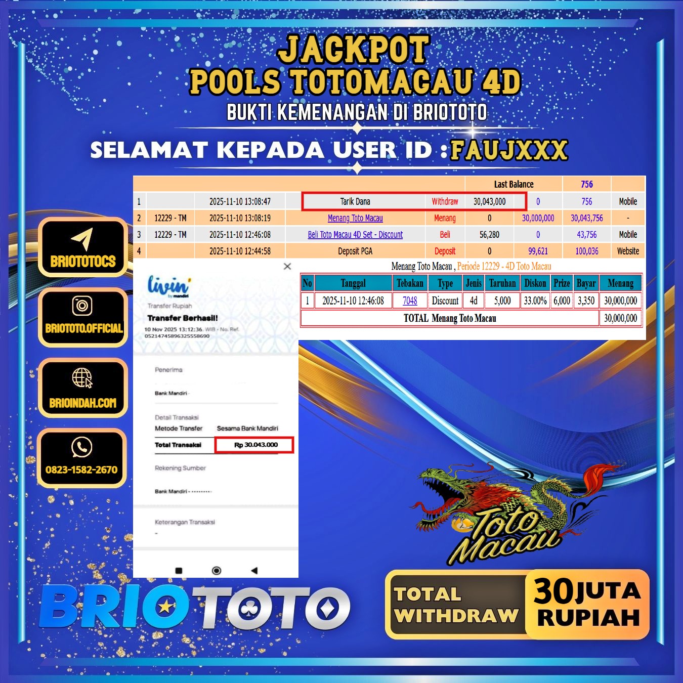 BRIOTOTO JACKPOT TOGEL TOTOMACAU 4D RP.30.000.000,- LUNAS USER ID : FAUJ***