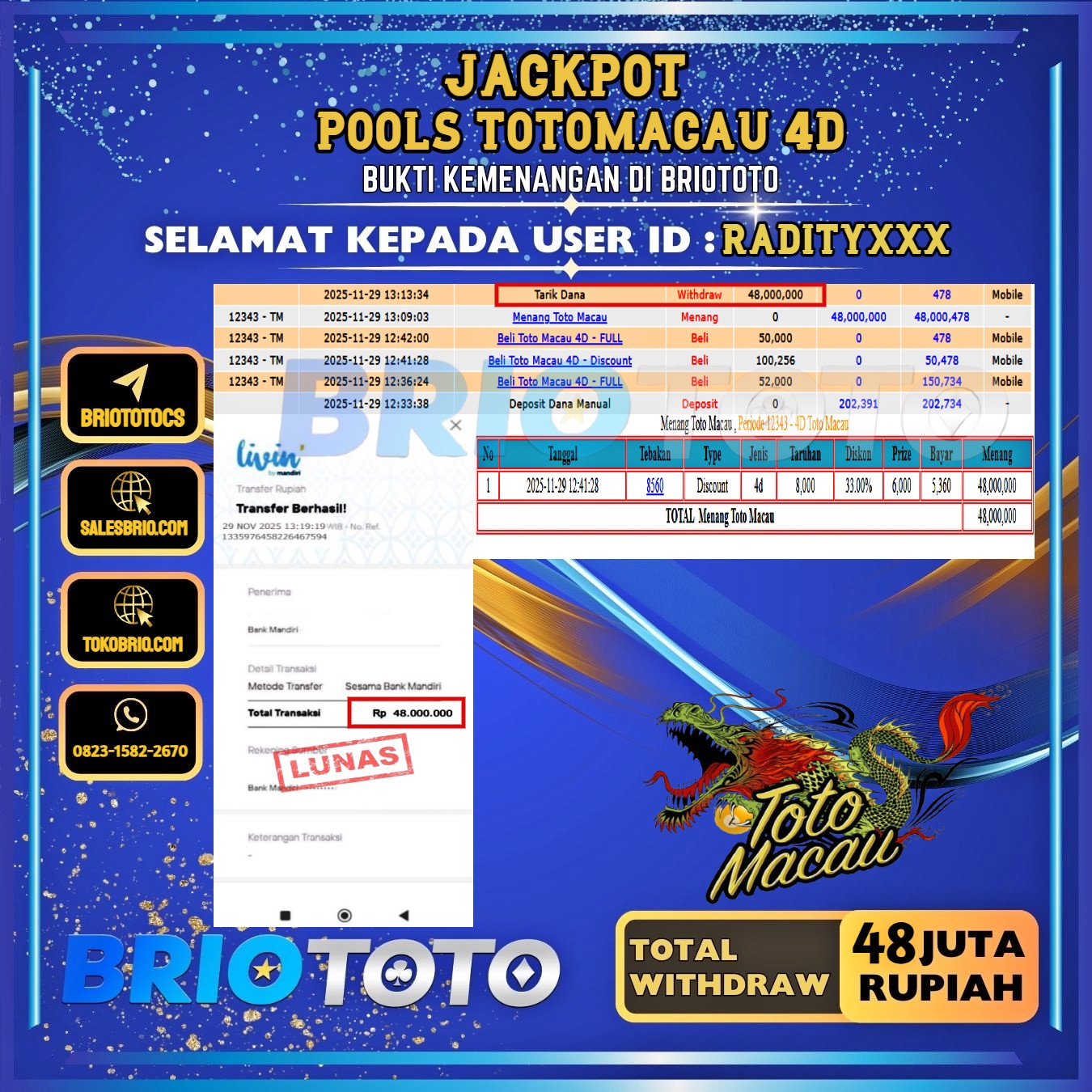 BRIOTOTO JACKPOT TOGEL TOTOMACAU 4D RP.48.000.000,- LUNAS USER ID : RADITY***