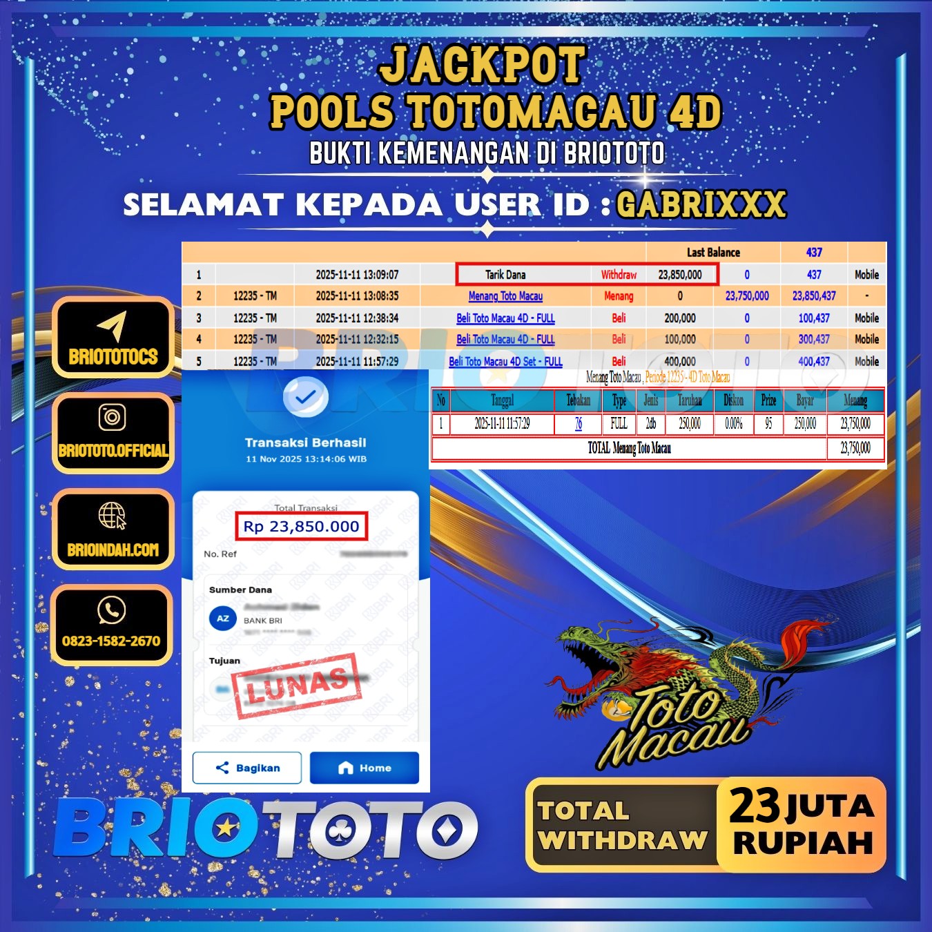 BRIOTOTO JACKPOT TOGEL TOTOMACAU 4D RP.23.000.000,- LUNAS USER ID : GABRI****
