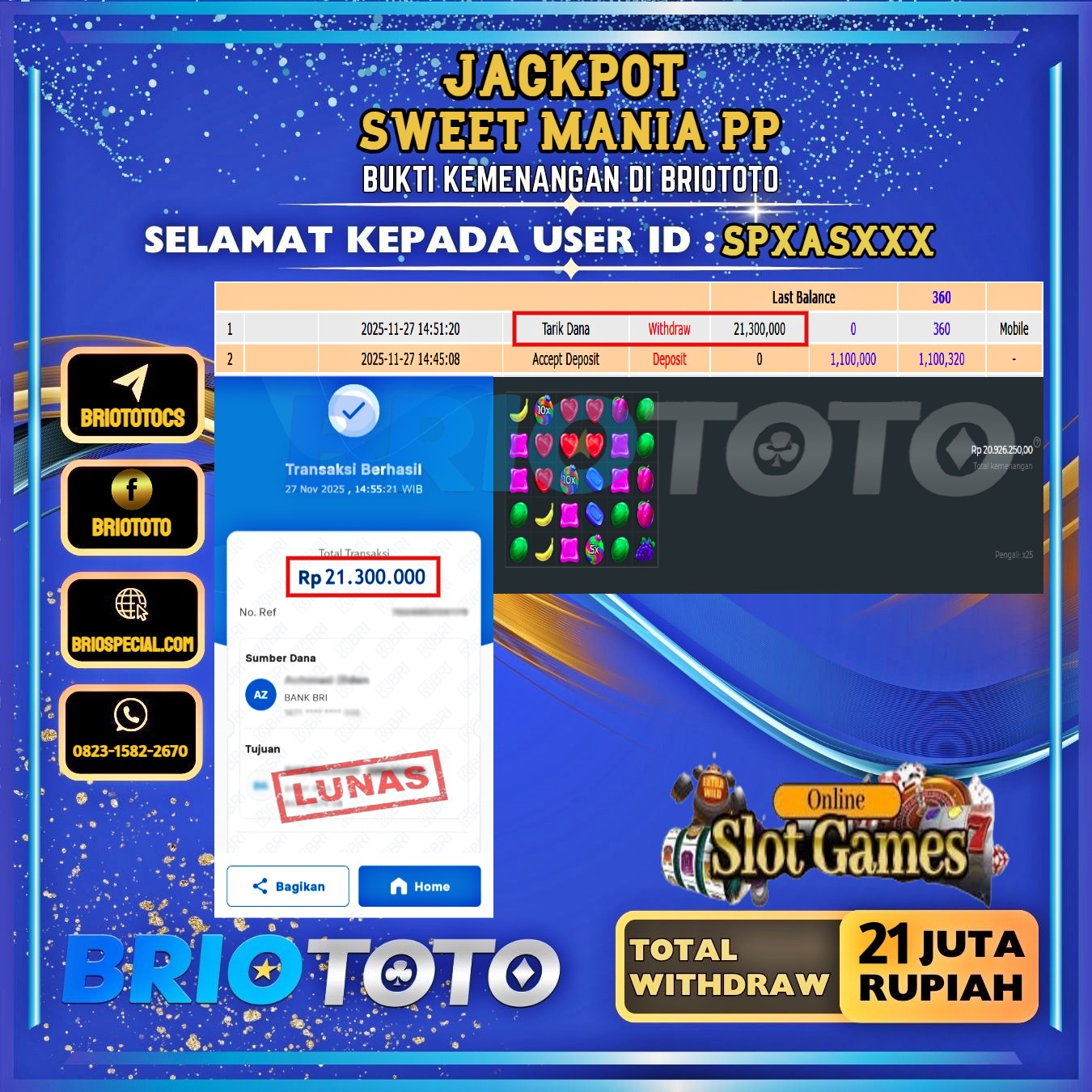 BRIOTOTO JACKPOT SLOT SWEET MANIA PP RP.21.000.000,- LUNAS USER ID : SPXAS****