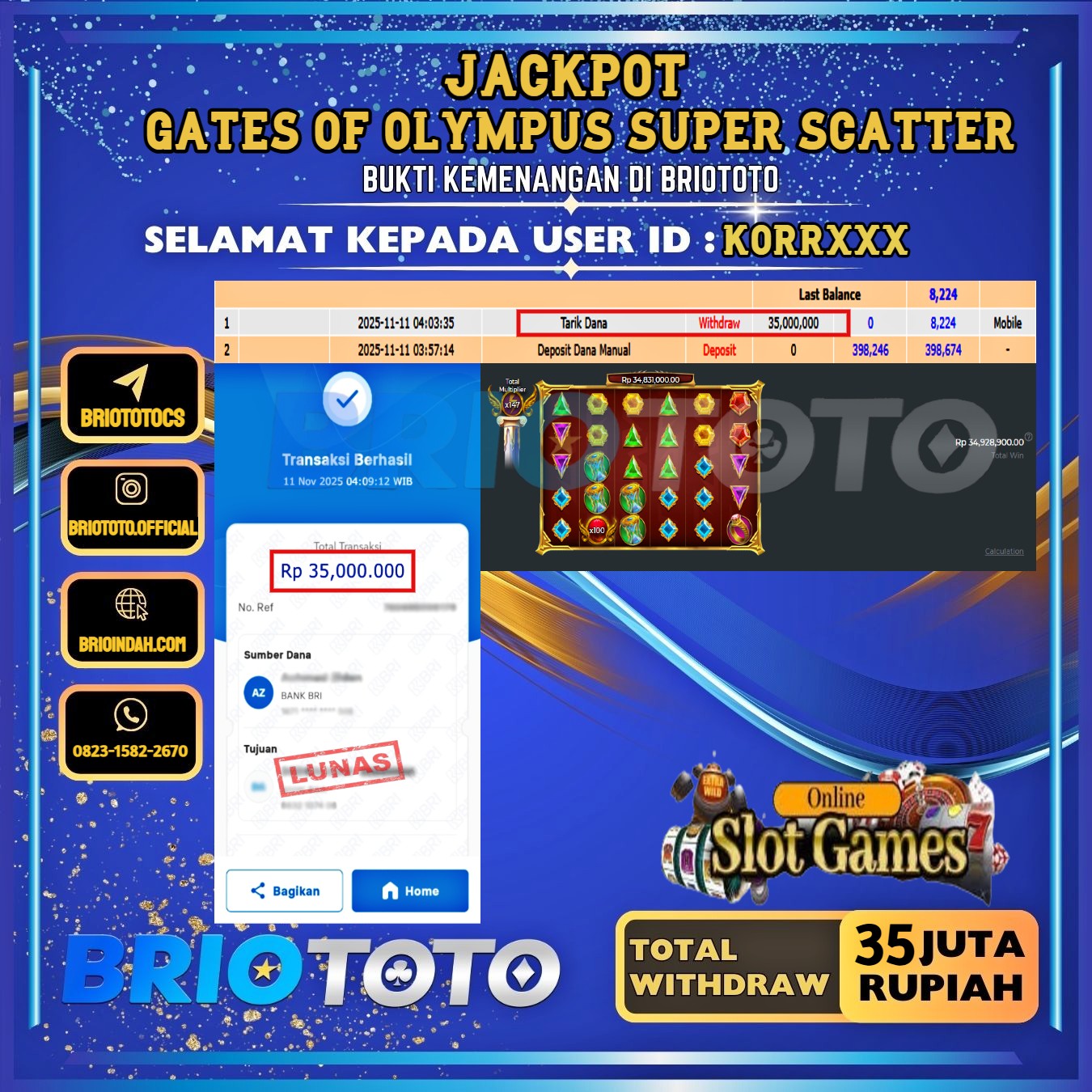 BRIOTOTO JACKPOT SLOT GATES OF OLYMPUS SUPER SCATTER RP.35.000.000,- LUNAS USER ID : KORR***