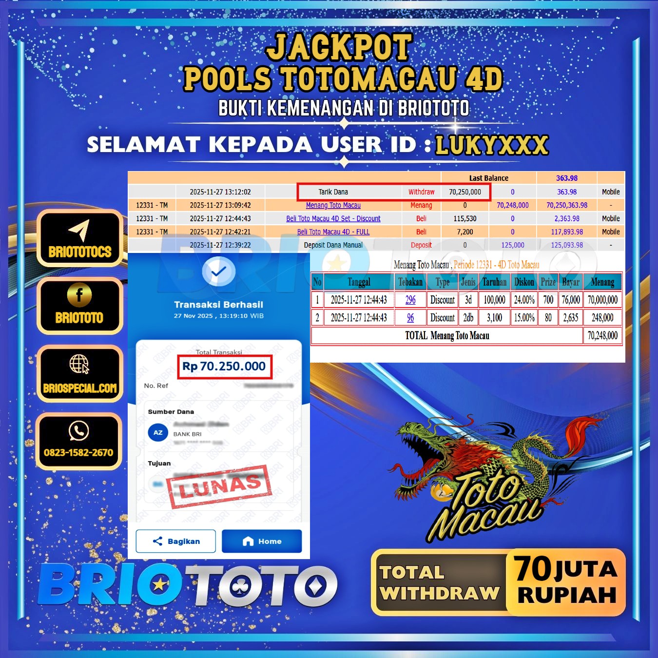 BRIOTOTO JACKPOT TOGEL TOTOMACAU 4D  RP.70.000.000,- LUNAS USER ID : LUKY****