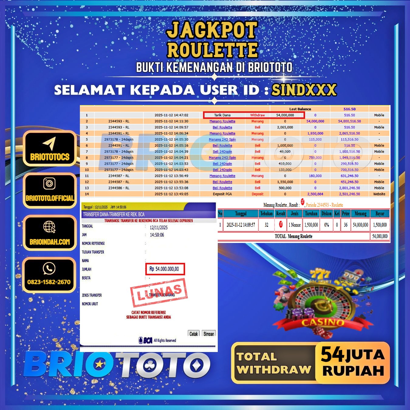BRIOTOTO JACKPOT LIVE GAME ROULETTE RP.54.000.000,- LUNAS USER ID : GABRI***