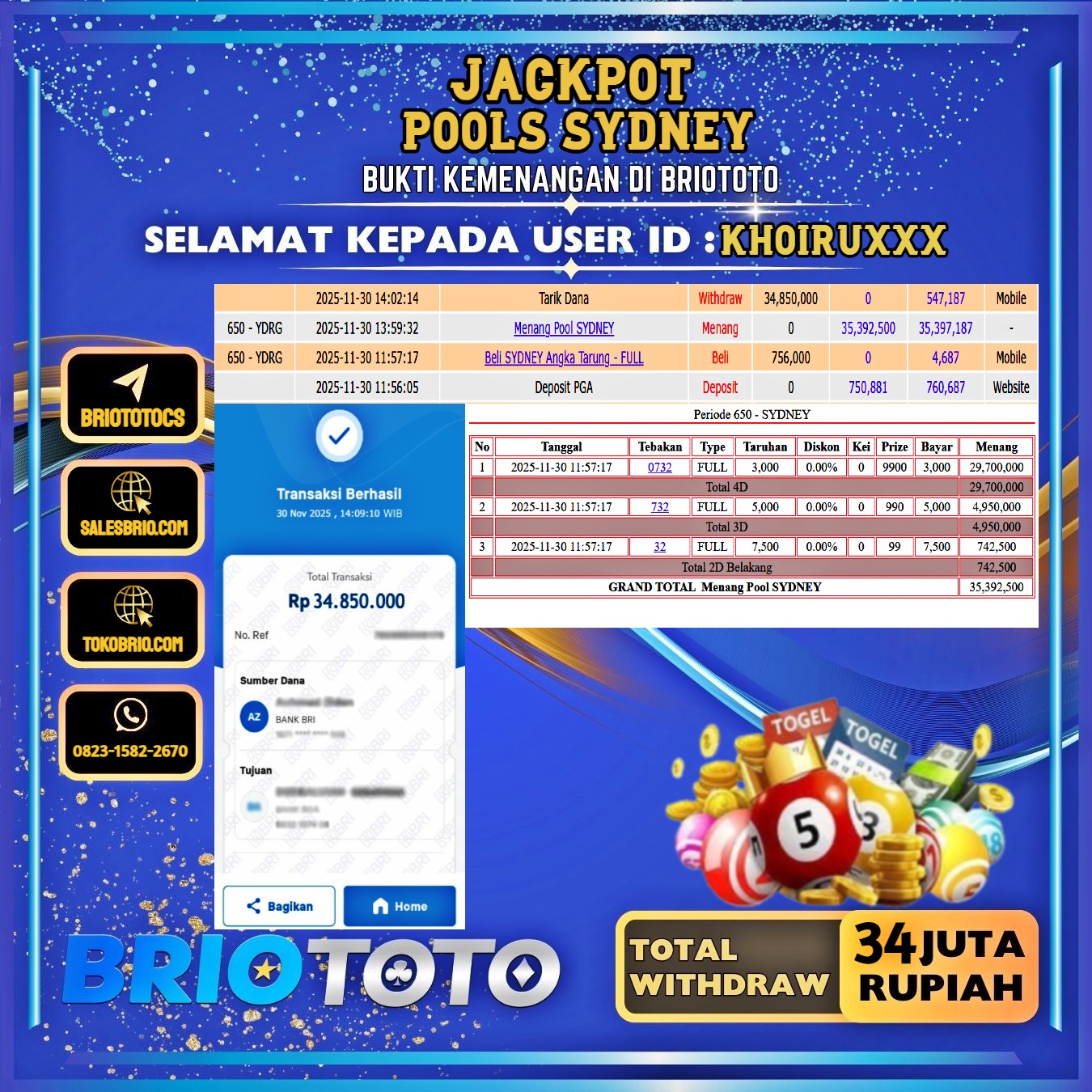 BRIOTOTO JACKPOT TOGEL SYDNEY RP.34.000.000,- LUNAS USER ID : KHOIRU***