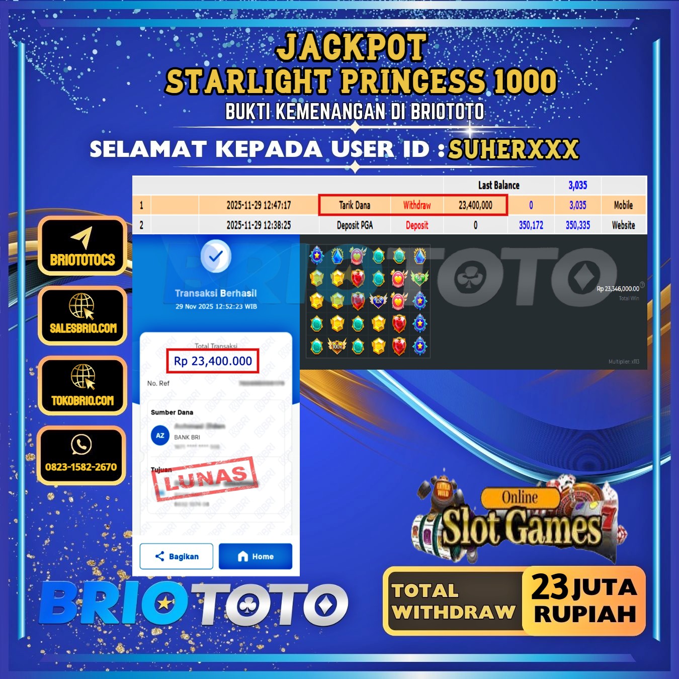 BRIOTOTO JACKPOT SLOT STARLIGHT PRINCESS 1000 RP.23.000.000,- LUNAS USER ID : SUHER***