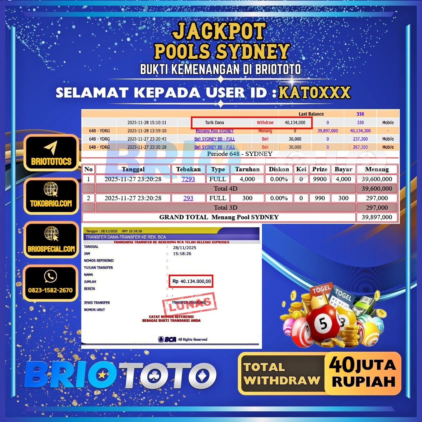 BRIOTOTO JACKPOT TOGEL SYDNEY RP.40.000.000,- LUNAS USER ID : KATO****