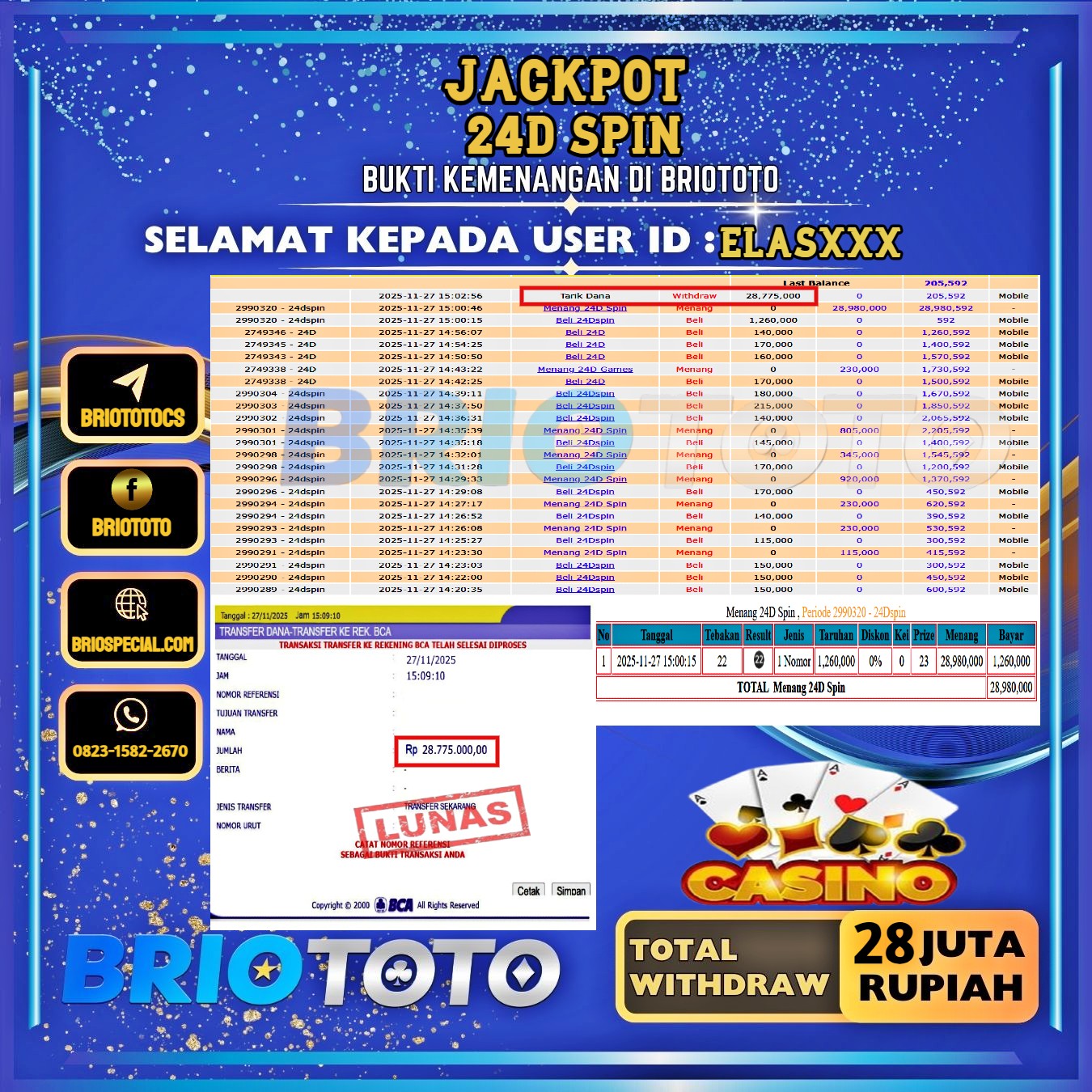 BRIOTOTO JACKPOT LIVE GAME 24D SPIN RP.28.000.000,- LUNAS USER ID : ELAS****