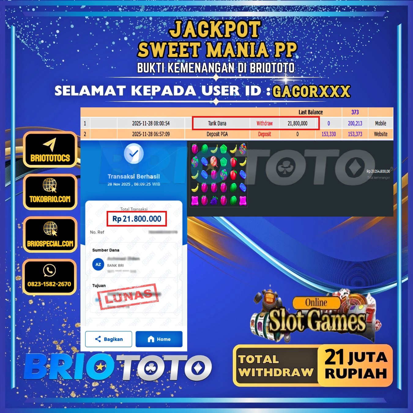 BRIOTOTO JACKPOT SLOT SWEET MANIA PP RP.21.000.000,- LUNAS USER ID : GACOR***